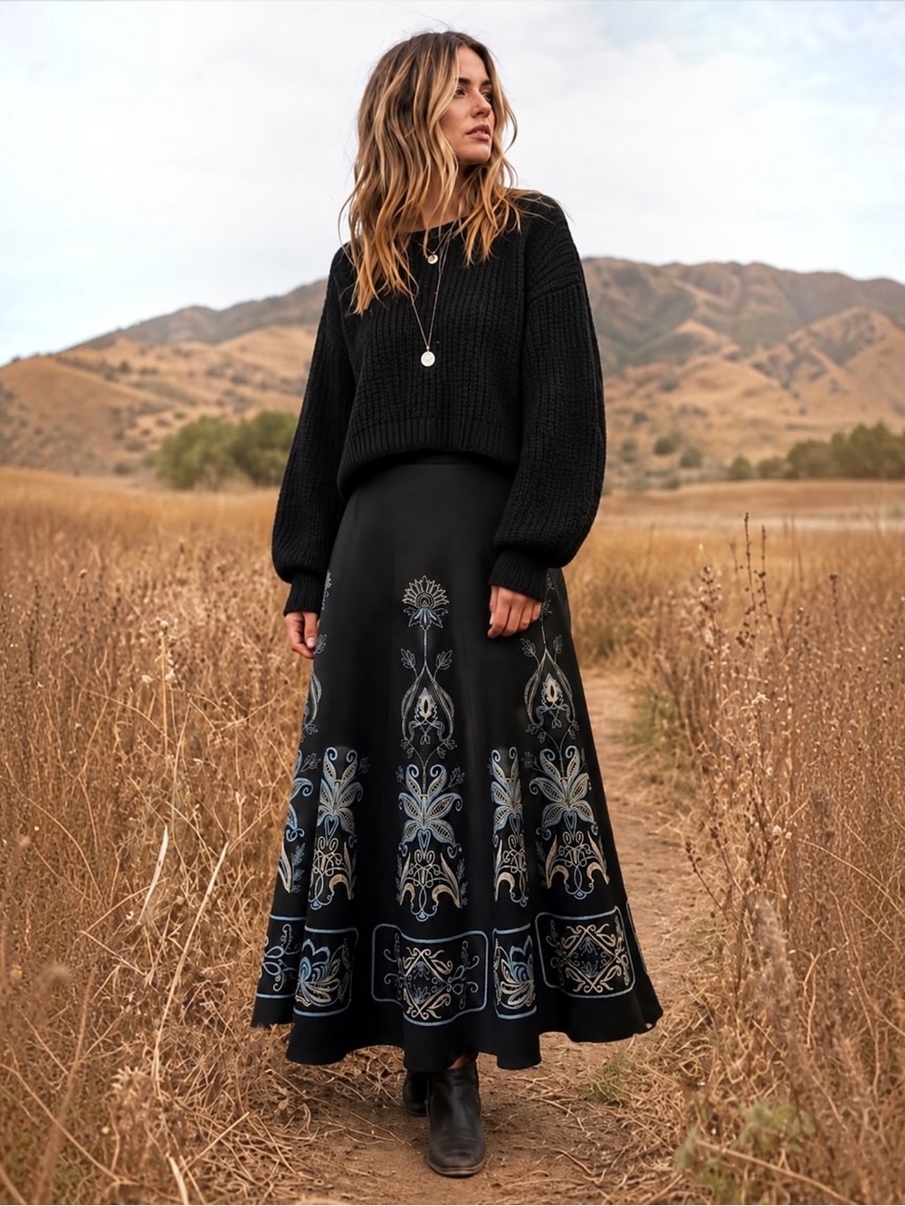 Black Blue Ivory Embroidery A-Line Midi Skirt Size 10 Whimsy Goth Dark Boho Folk